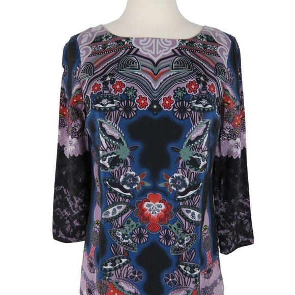 TIBI Women's Dark Colorful Kaleidoscope Floral Print 100% Silk Shift Dress 4 - Picture 2 of 9